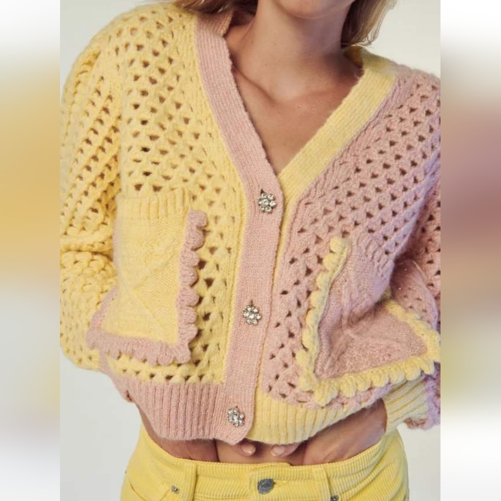 Zara* eyelet chunky knit oversized cardigan with jewel buttons - Picture 13 of 16